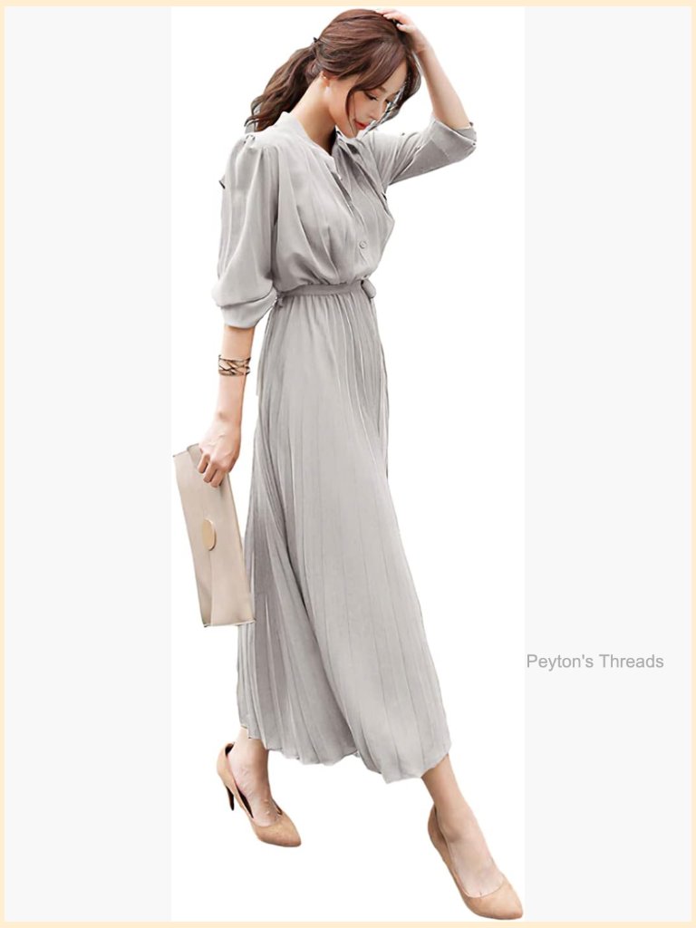 Pleated Long Sleeve Maxi Dress With Tie Waist, Flowy A-Line, Business Casual